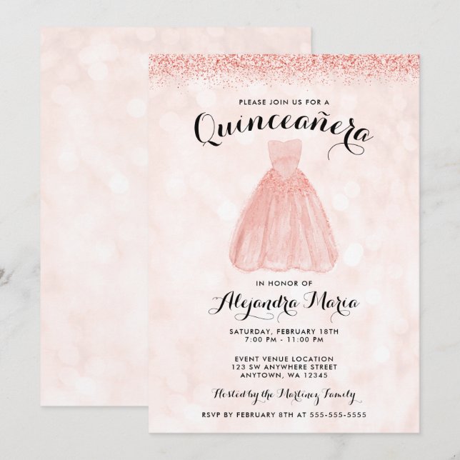 Invitaciones de Quinceanera, Rosa Purpurina de oro (Anverso / Reverso)