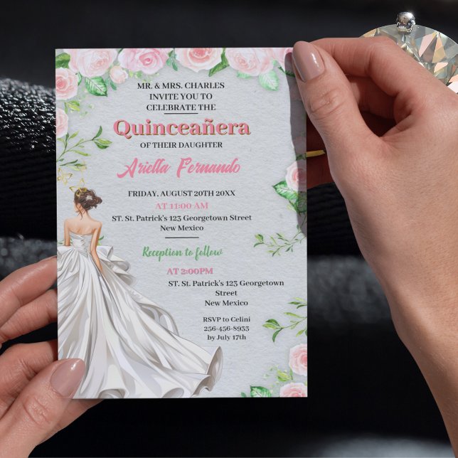 Invitaciones de Quinceañera - Sage y Rubor Floral  (Chic Sage & Blush Floral Quinceañera Invitation with Gold Accents)