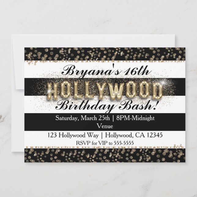 Invitaciones de rayas blancas y negras de Hollywoo (Anverso)