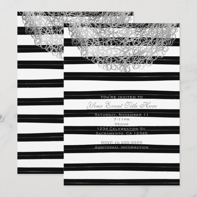 Invitaciones de rayas negras y blancas y círculo d (Anverso / Reverso)