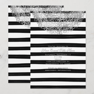 Invitaciones de rayas negras y blancas y círculo d