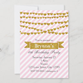 Invitaciones de rayas rosadas y blancas con corazo