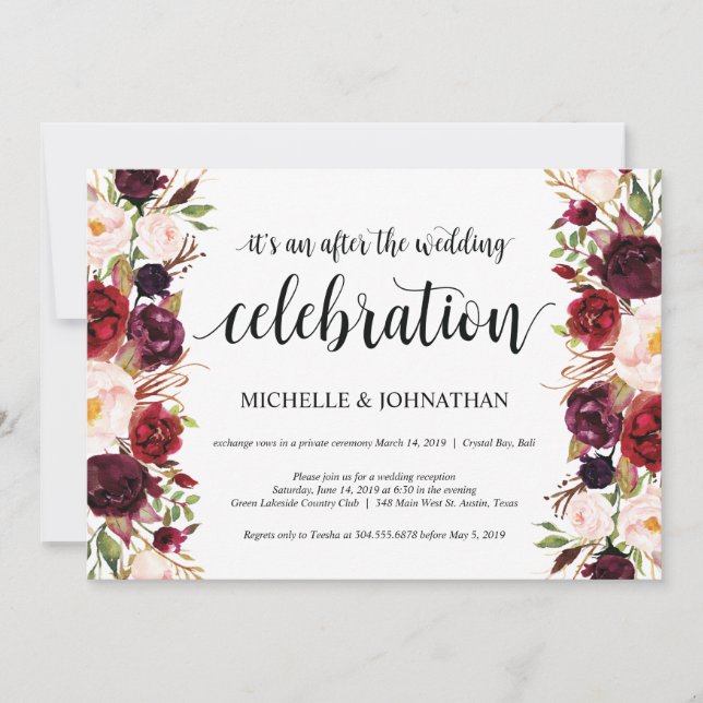 Invitaciones de recepción de boda floral borgoña r (Anverso)