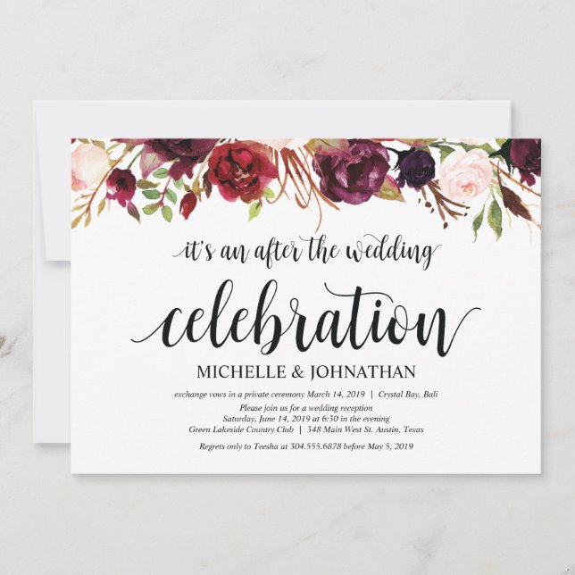 Invitaciones de recepción de boda floral borgoña r (Anverso)