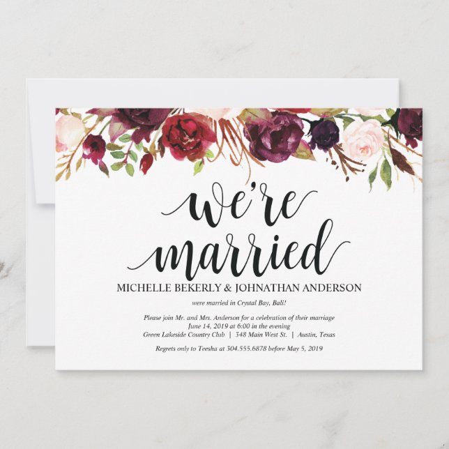 Invitaciones de recepción de boda floral borgoña r (Anverso)