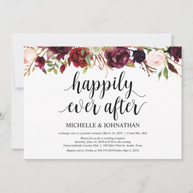 Invitaciones de recepción de boda floral burgundy  (Anverso)