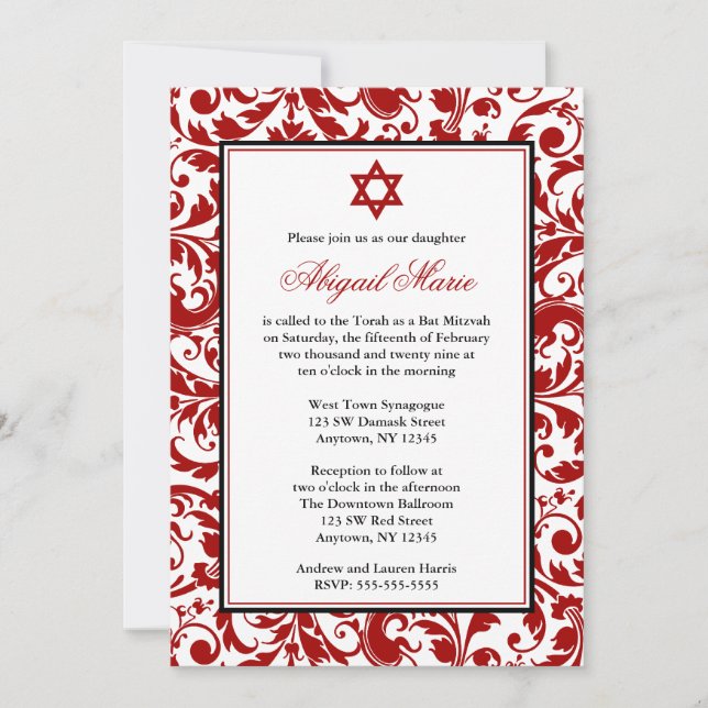 Invitaciones de Red Swirl Damask Bat Mitzvah (Anverso)