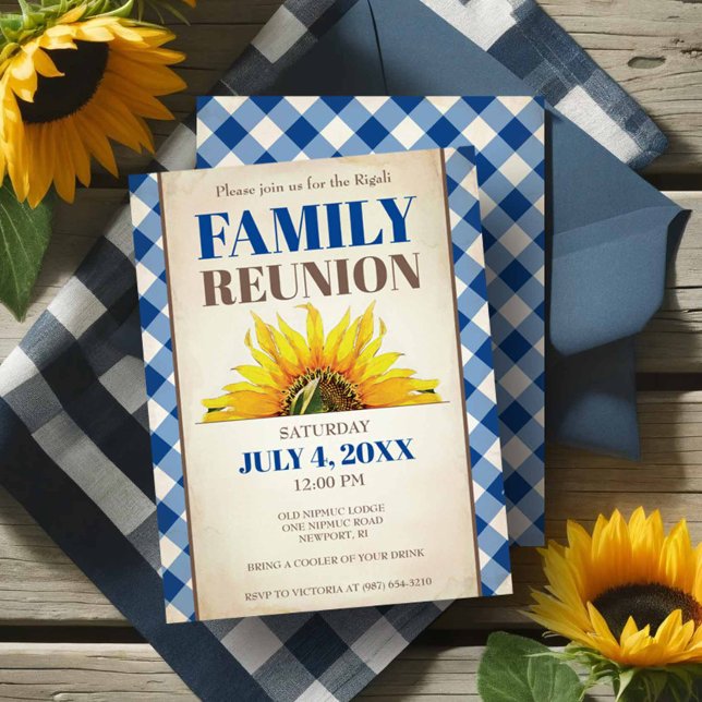 Invitaciones de Reunión Familiar Pícnic Rústico de (Family reunion invitations rustic sunflower and blue gingham.)