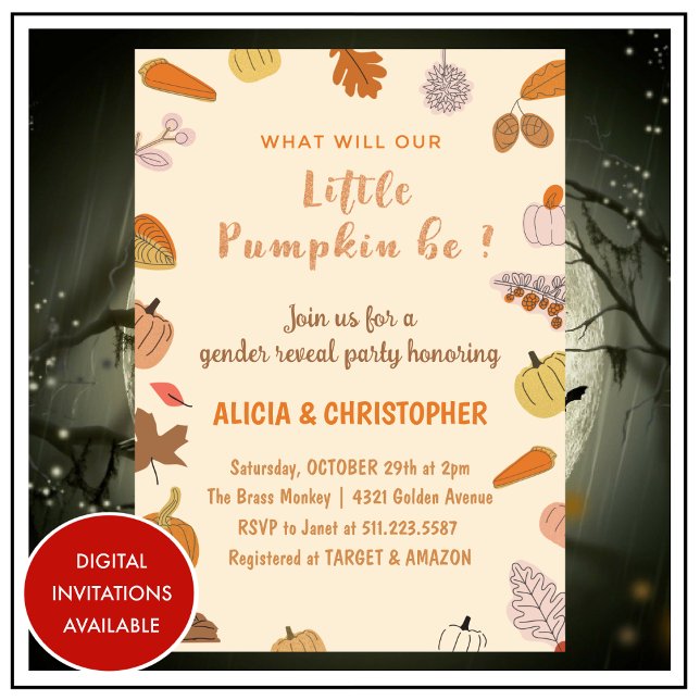 Invitaciones de revelación de género de Halloween  (Halloween-Gender-reveal-invitations-Fall-1)