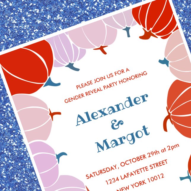 Invitaciones de revelación de género de Halloween  (Halloween-gender-reveal-invitations-Pumpkin-Fall-1)