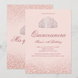 Invitaciones de Rosa Purpurina de oro Quinceanera
