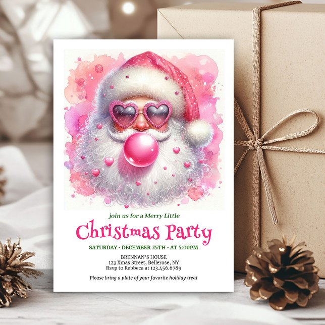 Invitaciones de Santa burbuja de goma rosada de ac (Editable Watercolor Pink Santa Bubble Gum Invitation

)
