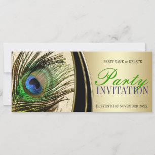 Invitaciones de satén dorado con plumas de pavo re