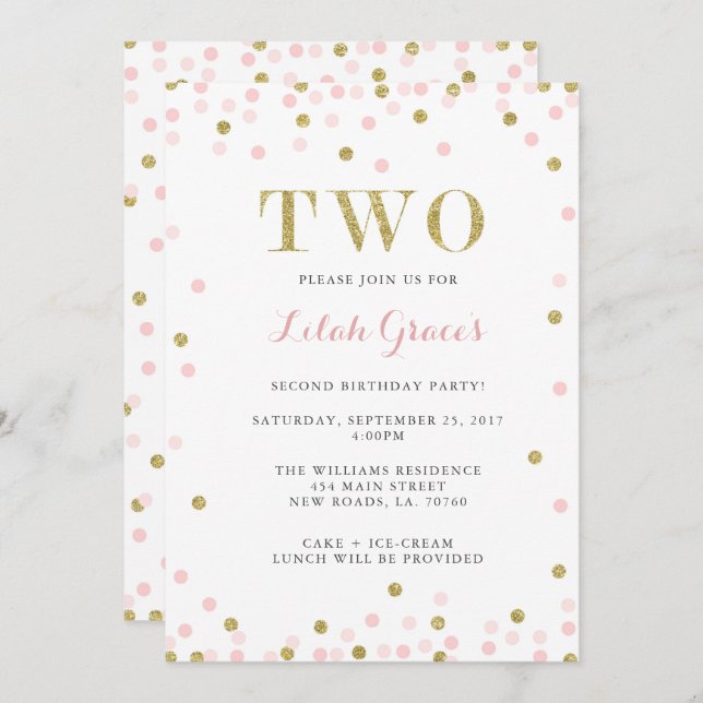 Invitaciones de segundo cumpleaños rosado y oro (Anverso / Reverso)