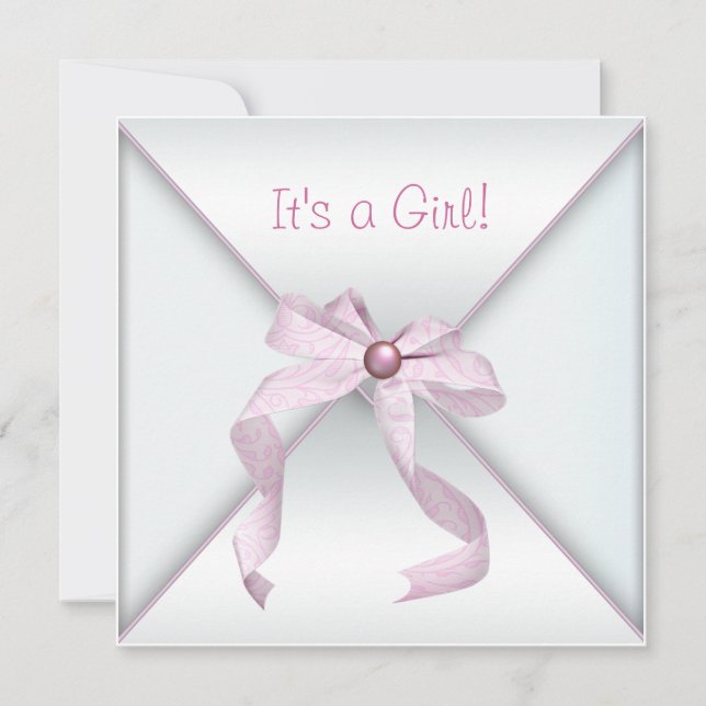 Invitaciones de shower para niña con lazo rosa y f (Anverso)