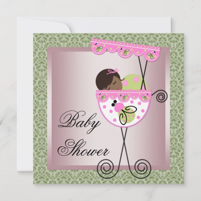 Invitaciones de shower para niña en damasco rosa y (Anverso)