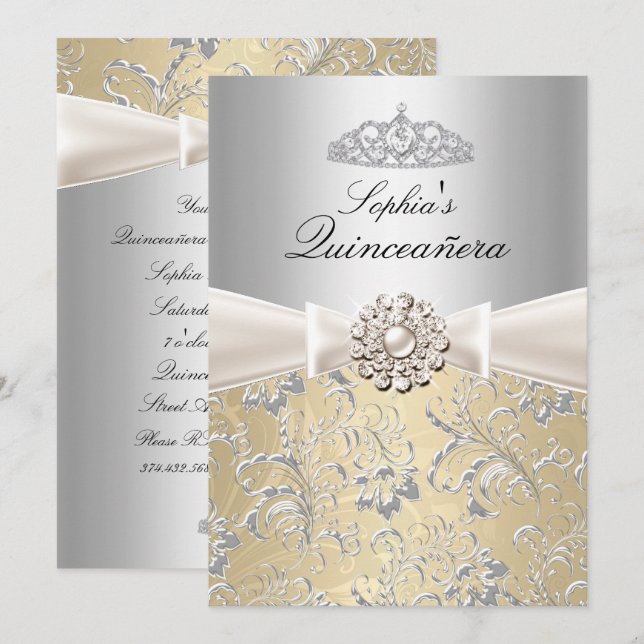 Invitaciones de Silver Swirl Tiara Quinceanera (Anverso / Reverso)