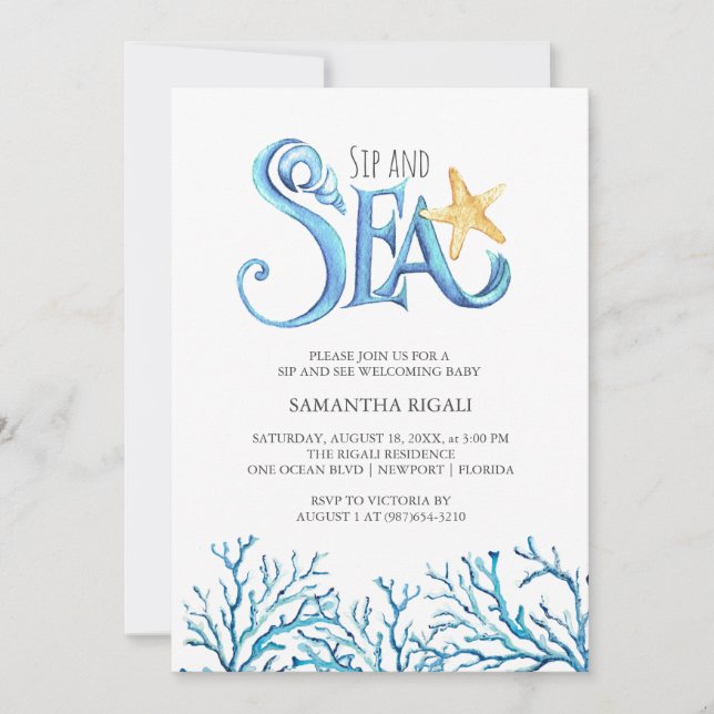 Invitaciones de Sip y Mar Acuarela Tema Océano (Anverso)