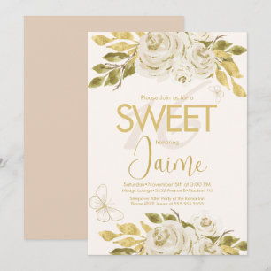 Invitaciones de Sweet 16 con flores de marfil y ro