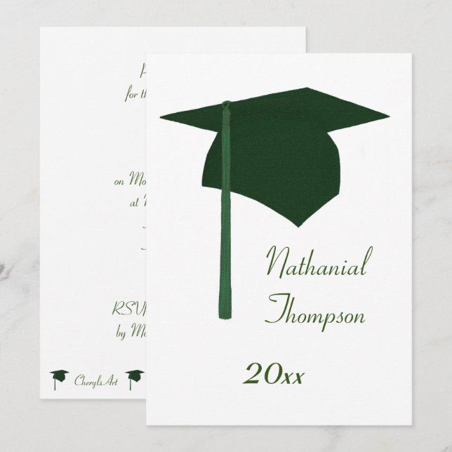Invitaciones de tapón y tacón de graduación verde (Anverso / Reverso)
