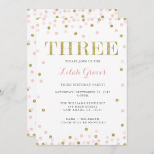 Invitaciones de tercer cumpleaños de color rosa y 