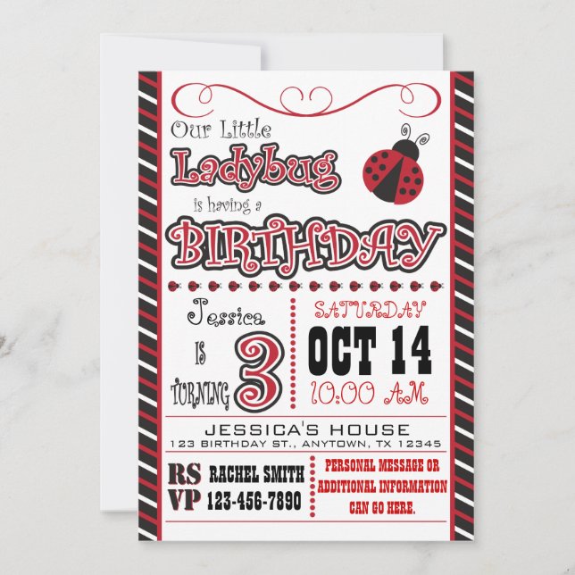 Invitaciones de tercer cumpleaños de Ladybug (Anverso)