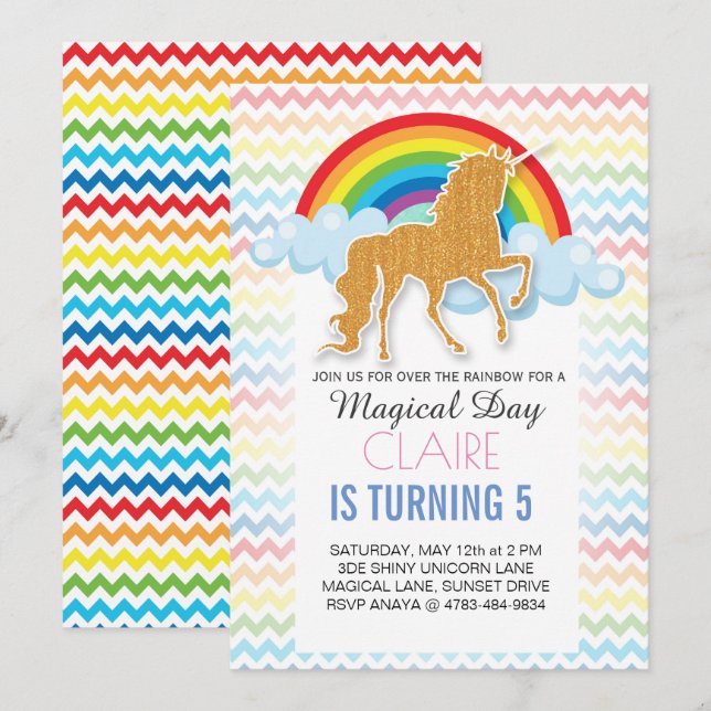 Invitaciones de Unicornio arcoiris para la fiesta  (Anverso / Reverso)