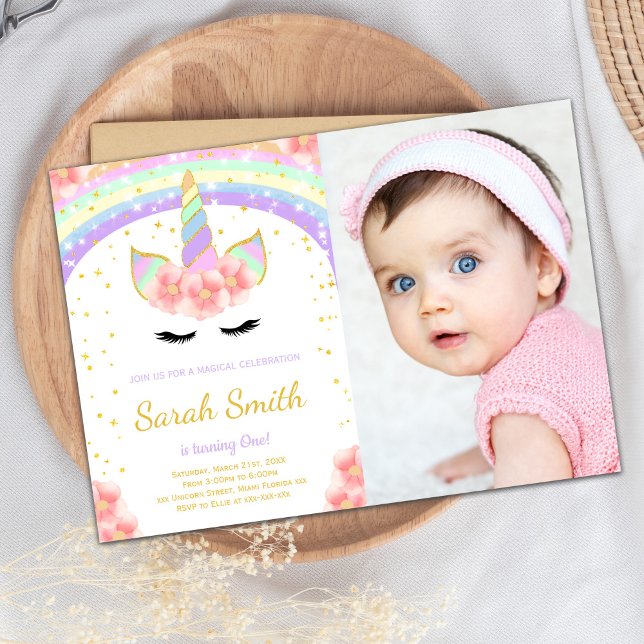 Invitaciones de Unicornio de flores rosas con foto (Pink Flower Unicorn Invitations with photo)