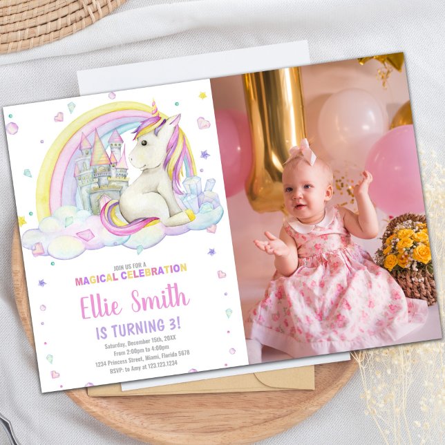 Invitaciones de Unicornio en arco iris con foto (Rainbow Castile Unicorn Invitations with photo)
