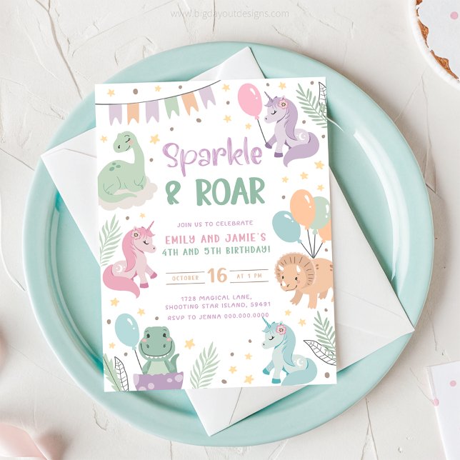 Invitaciones de Unicornio y Dinosaurio. Digital Ed (Unicorn and Dinosaur Sparkle and Roar - Joint Birthday Invitation)