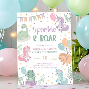 Invitaciones de Unicornio y Dinosaurio Hermanos Cu