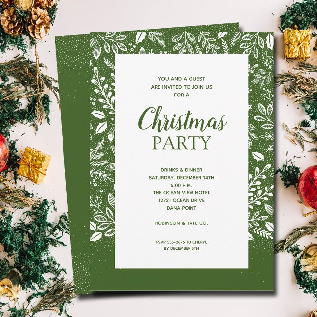 Invitaciones de vacaciones a Navidades de producto (White botanicals border on green Christmas invitations, PRINTED and/or INSTANT DOWNLOAD)
