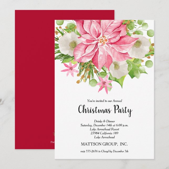 Invitaciones de vacaciones florales de Poinsettia  (Anverso / Reverso)