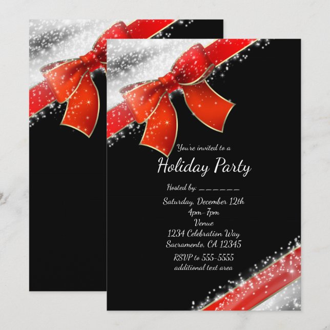 Invitaciones de vacaciones negras chic con lazo ro (Anverso / Reverso)