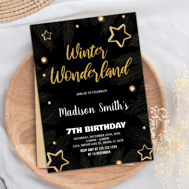 Invitaciones de Winter Wonderland Star Gold Black (Winter Wonderland Invitations Star Gold Black)