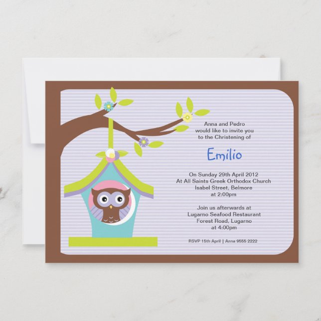 Invitaciones del bautizo del bautismo del búho (Anverso)