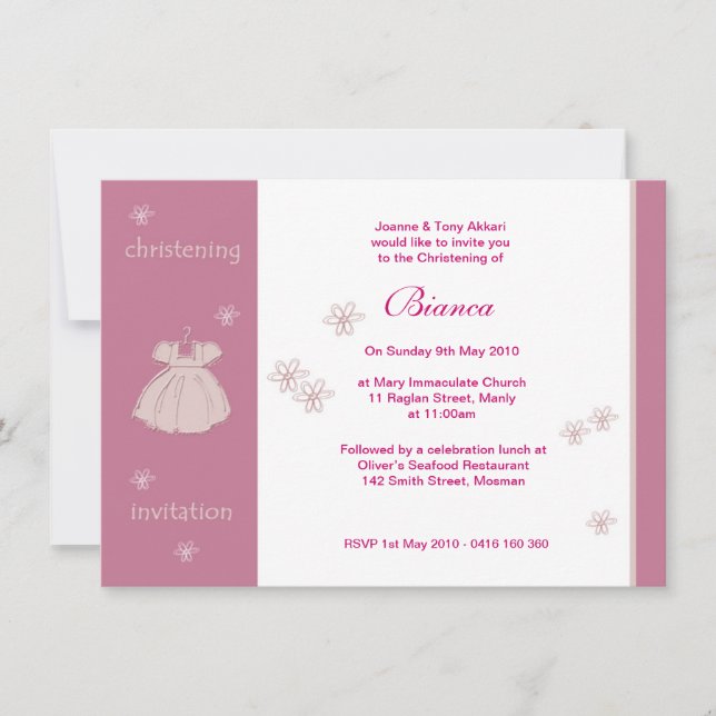 Invitaciones del bautizo del vestido de la fresa (Anverso)
