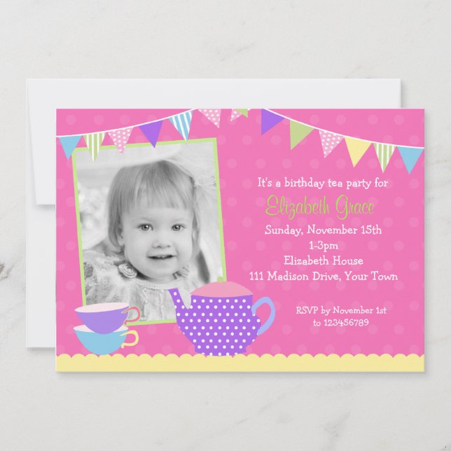Invitaciones del cumpleaños de la fiesta del té (Anverso)