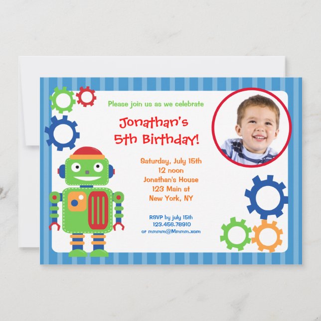 Invitaciones del cumpleaños de la foto del robot (Anverso)