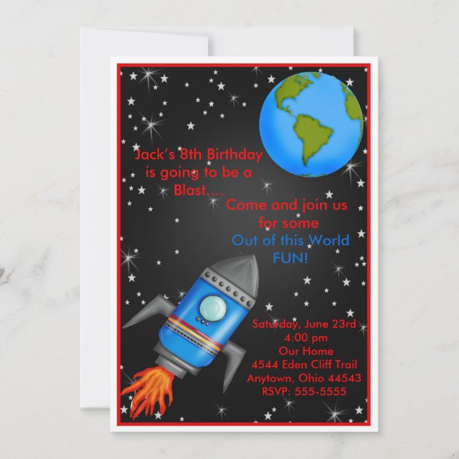 Invitaciones del cumpleaños de la nave de Rocket (Anverso)