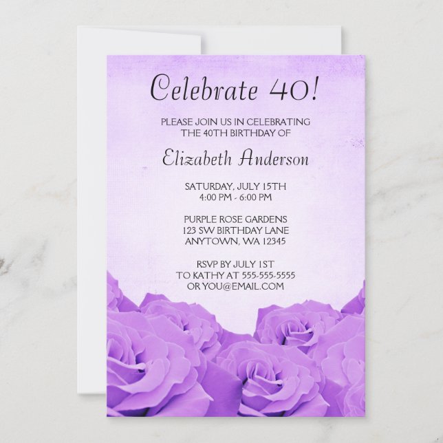Invitaciones del cumpleaños de los rosas púrpuras (Anverso)