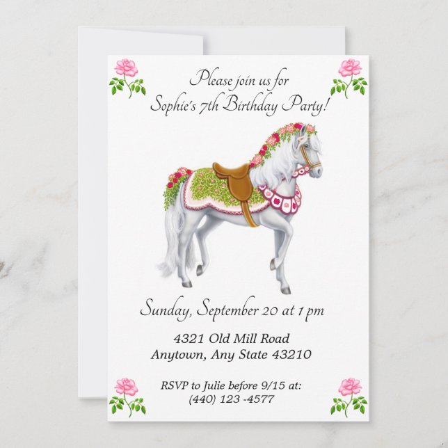 Invitaciones del cumpleaños del caballo del Rose (Anverso)