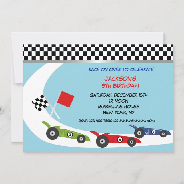 Invitaciones del cumpleaños del coche de carreras (Anverso)