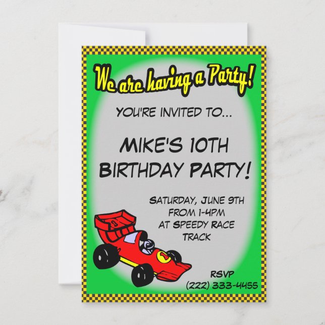 Invitaciones del cumpleaños del coche de carreras (Anverso)