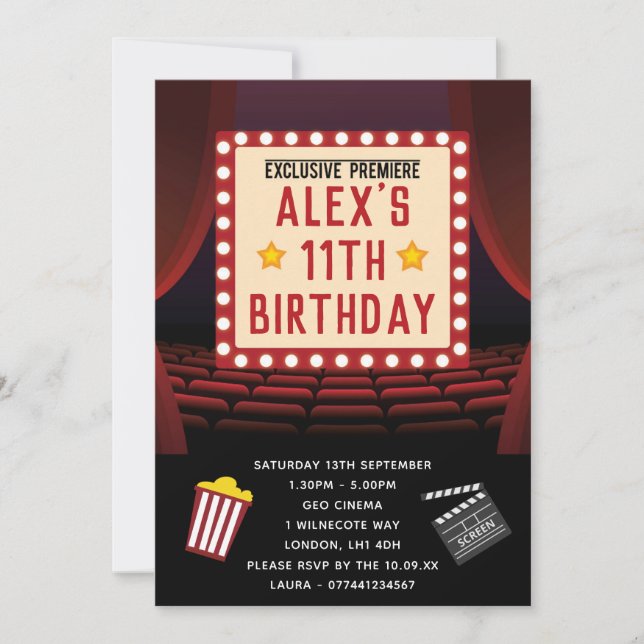 Invitaciones del cumpleaños del fiesta del cine (Anverso)
