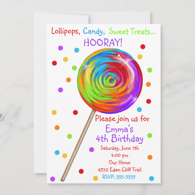 Invitaciones del cumpleaños del Lollipop del (Anverso)
