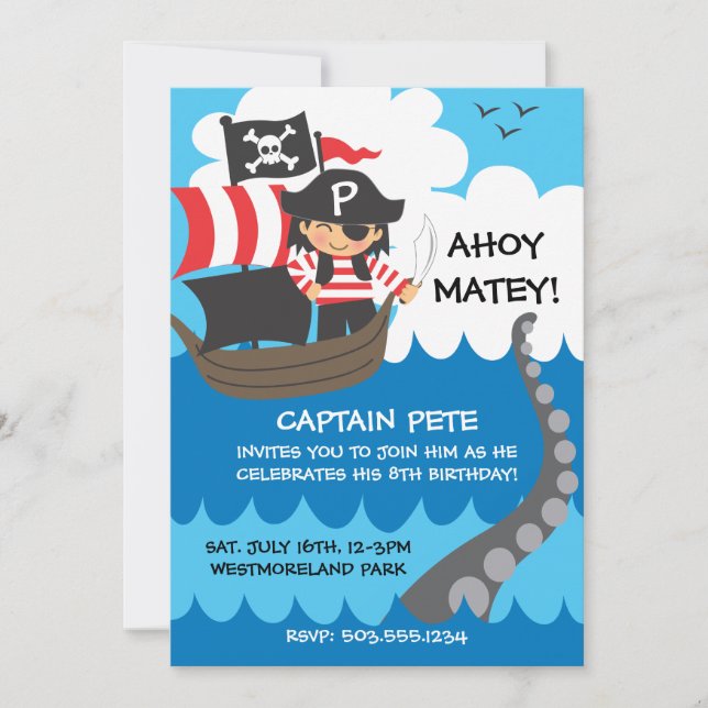 Invitaciones del cumpleaños del niño del pirata (Anverso)