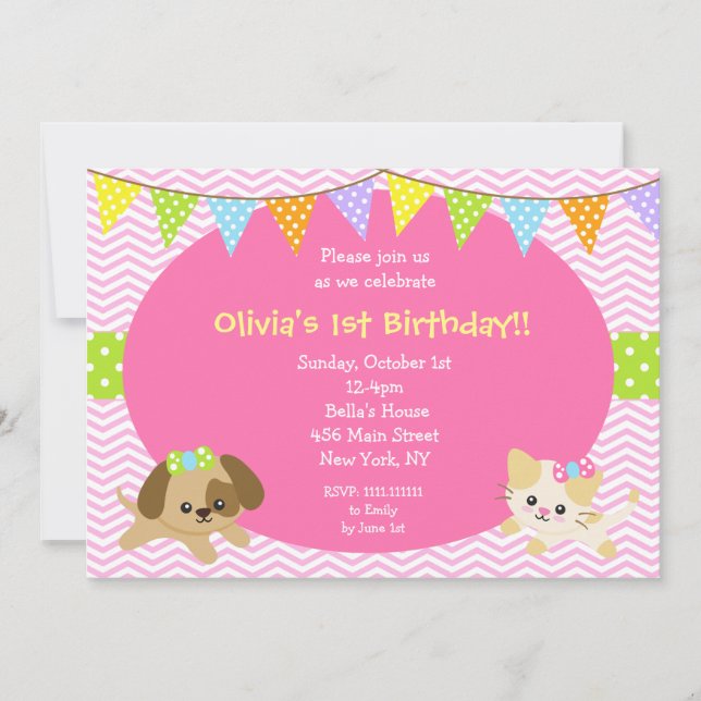 Invitaciones del cumpleaños del perro del gato del (Anverso)