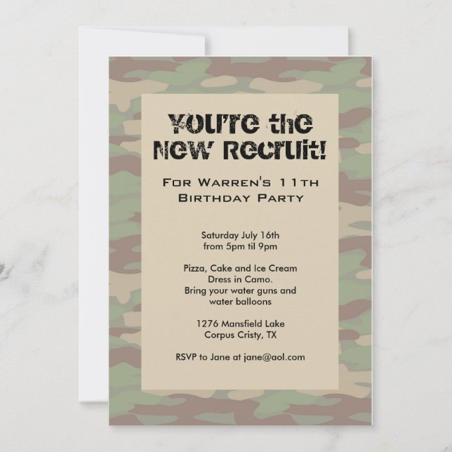 Invitaciones del ejército de los chicos de Camo (Anverso)