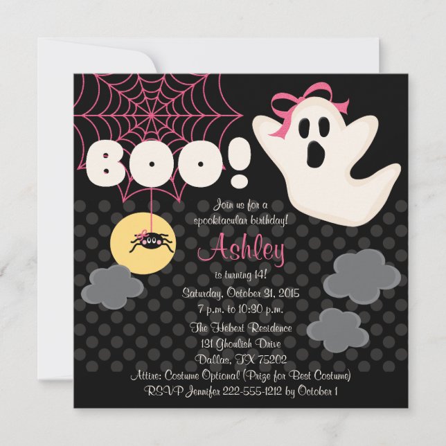 Invitaciones del fantasma del rosa del cumpleaños (Anverso)